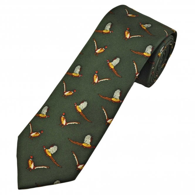 Pheasants on Bottle Green Men's Silk Tie