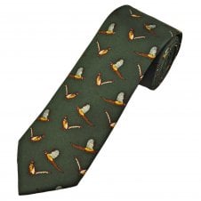 Pheasants on Bottle Green Men's Silk Tie