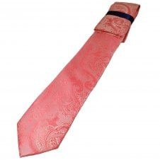 Pink Paisley Patterned Men's Luxury Wedding Tie & Hanky Set