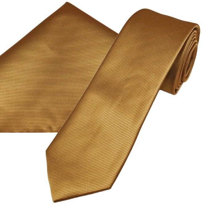 Plain Antique Gold Ribbed Men's 7cm Narrow Tie & Pocket Square Handkerchief Set