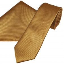 Plain Antique Gold Ribbed Men's 7cm Narrow Tie & Pocket Square Handkerchief Set