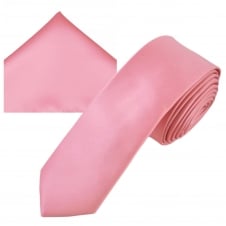 Plain Baby Pink Men's Skinny Tie & Pocket Square Handkerchief Set
