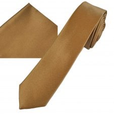 Plain Beige Men's Skinny Tie & Pocket Square Handkerchief Set