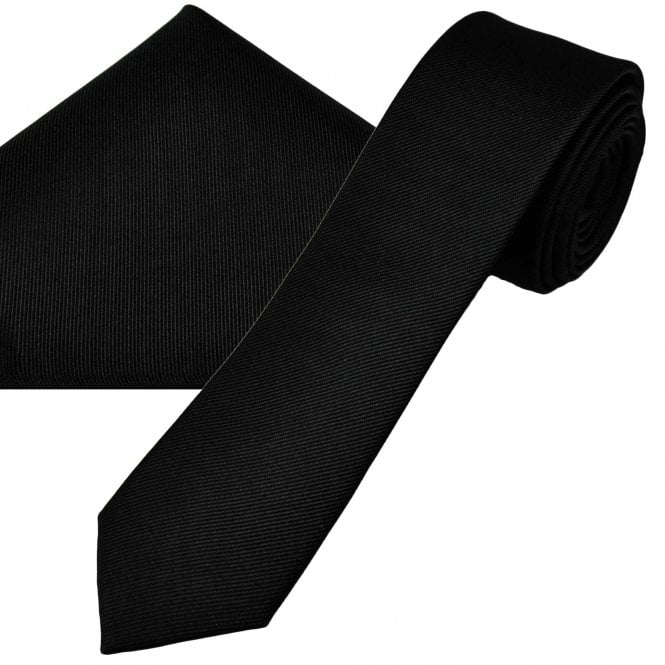 Plain Black Men's Silk Skinny Tie & Pocket Square Handkerchief Set by Tresanti