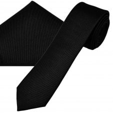Plain Black Men's Silk Skinny Tie & Pocket Square Handkerchief Set by Tresanti