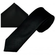 Plain Black Men's Skinny Tie & Pocket Square Handkerchief Set