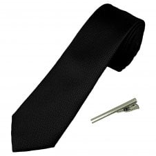 Plain Black Textured Men's Skinny Tie with Tie Clip