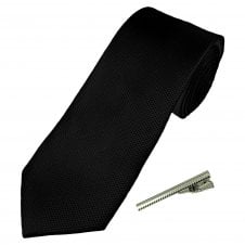 Plain Black Textured Men's Tie with Tie Clip