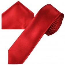 Plain Blood Red Men's Skinny Tie & Pocket Square Handkerchief Set