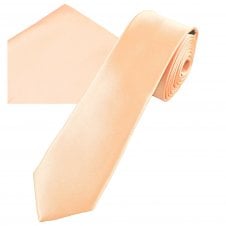Plain Blush Peach Men's Skinny Tie & Pocket Square Handkerchief Set