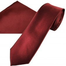 Plain Bordeaux Wine Red Men's Skinny Tie & Pocket Square Handkerchief Set