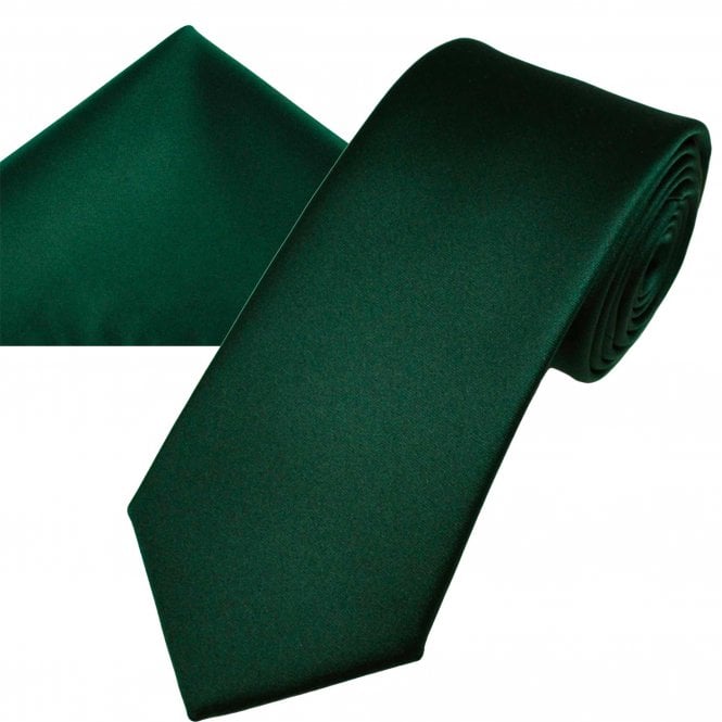 Plain Bottle Green Men's Satin Tie & Pocket Square Handkerchief Set