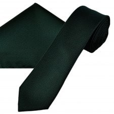 Plain Bottle Green Textured Men's Skinny Tie & Pocket Square Handkerchief Set