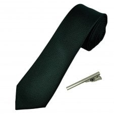 Plain Bottle Green Textured Men's Skinny Tie with Tie Clip