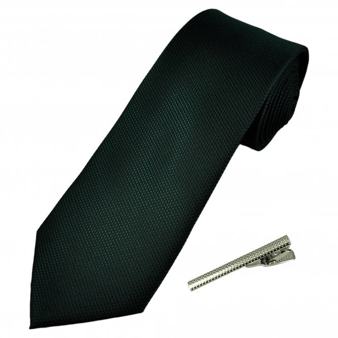Plain Bottle Green Textured Men's Tie with Tie Clip