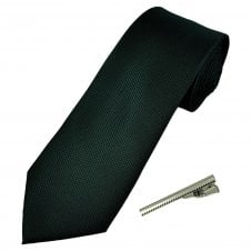 Plain Bottle Green Textured Men's Tie with Tie Clip