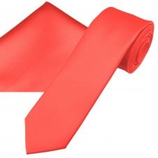 Plain Bright Coral Pink Men's Skinny Tie & Pocket Square Handkerchief Set