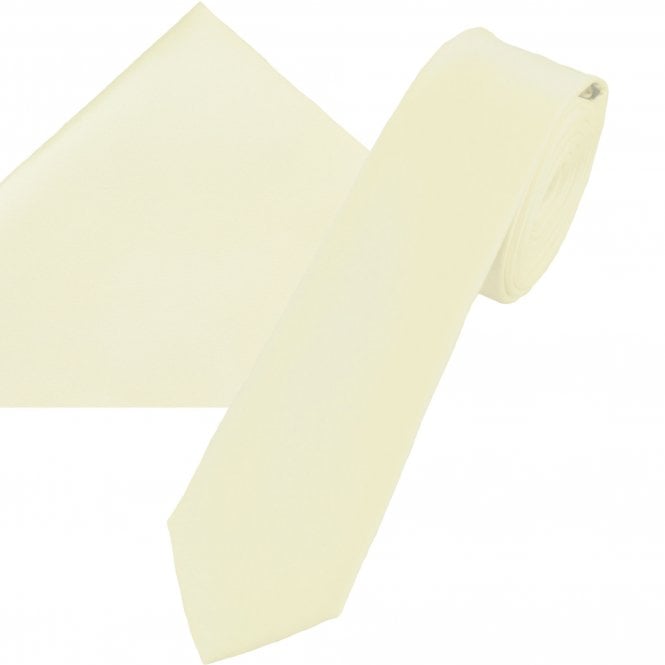 Plain Bright Cream Men's Satin Skinny Tie & Pocket Square Handkerchief Set