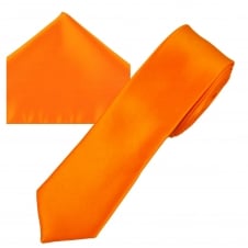 Plain Bright Orange Men's Skinny Tie & Pocket Square Handkerchief Set
