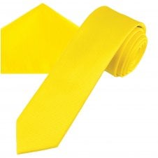 Plain Bright Yellow Ribbed Men's Skinny Tie & Pocket Square Handkerchief Set