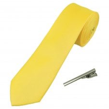 Plain Bright Yellow Textured Men's Skinny Tie with Tie Clip