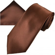 Plain Brown Men's Satin Tie & Pocket Square Handkerchief Set