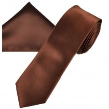 Plain Brown Men's Skinny Tie & Pocket Square Handkerchief Set