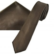 Plain Brown Men's Skinny Tie & Pocket Square Handkerchief Set