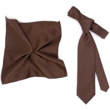 Plain Brown Silk Men's Tie & Pocket Square Handkerchief Set by Tresanti