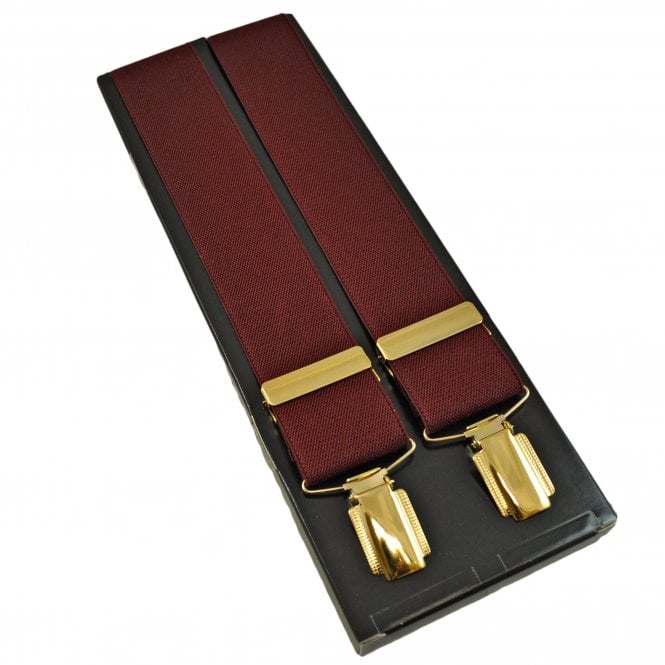 Plain Burgundy Men's Luxury Trouser Braces - Gold Clips