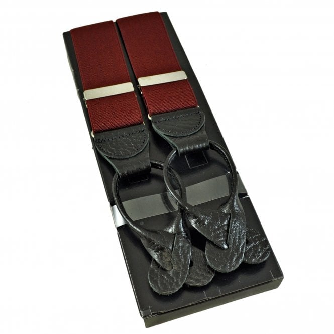 Plain Burgundy Men's Luxury Trouser Braces with Black Leather Ends