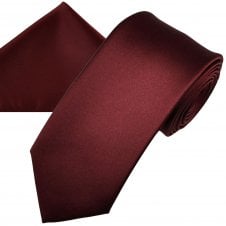 Plain Burgundy Red Men's Satin Tie & Pocket Square Handkerchief Set