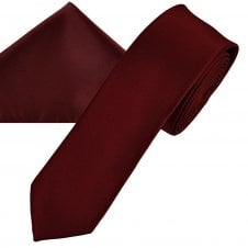 Plain Burgundy Red Men's Skinny Tie & Pocket Square Handkerchief Set