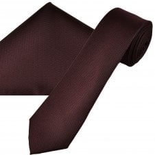 Plain Burgundy Textured Men's Skinny Tie & Pocket Square Handkerchief Set