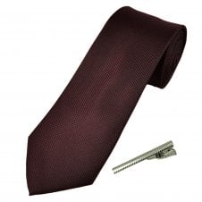 Plain Burgundy Textured Men's Tie with Tie Clip