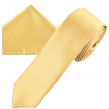 Plain Caramel Gold Men's Skinny Tie & Pocket Square Handkerchief Set