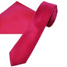 Plain Cerise Pink Men's Skinny Tie & Pocket Square Handkerchief Set