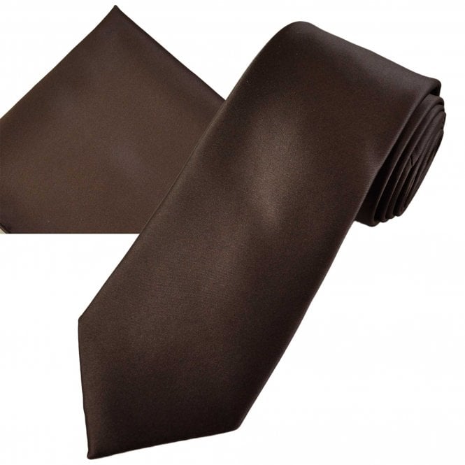 Plain Chocolate Brown Men's Satin Tie & Pocket Square Handkerchief Set