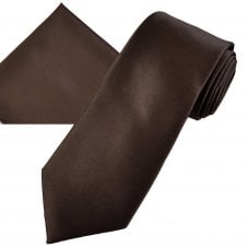 Plain Chocolate Brown Men's Satin Tie & Pocket Square Handkerchief Set
