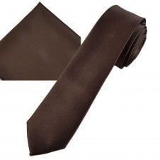 Plain Chocolate Brown Men's Skinny Tie & Pocket Square Handkerchief Set 