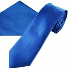 Plain Cobalt Blue Men's Skinny Tie & Pocket Square Handkerchief Set