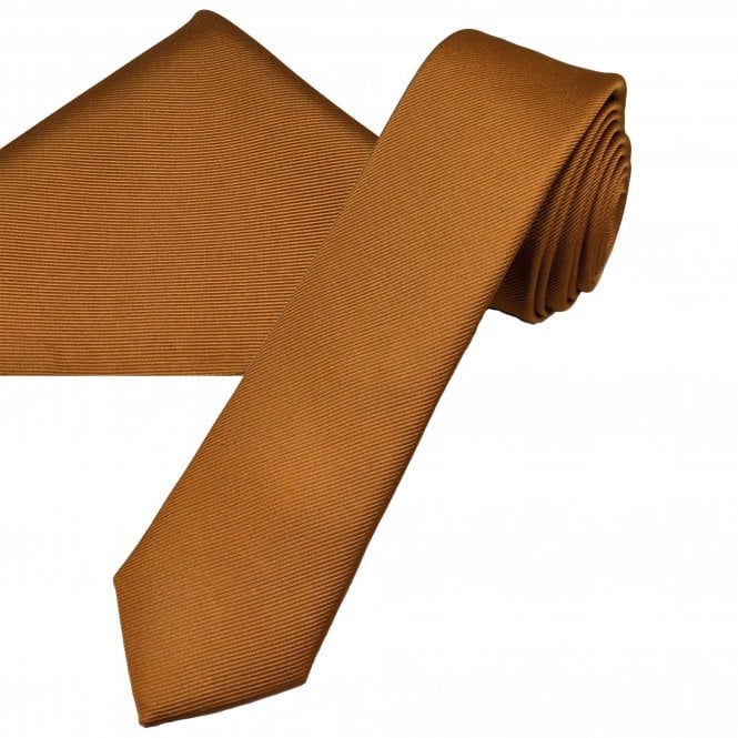 Plain Copper Orange Men's Silk Skinny Tie & Pocket Square Handkerchief Set by Tresanti