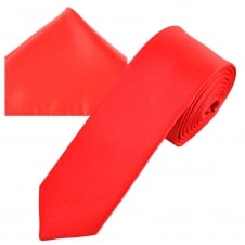 Plain Coral Men's Skinny Tie & Pocket Square Handkerchief Set