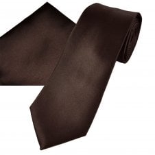 Plain Dark Brown Men's Satin Tie & Pocket Square Handkerchief Set