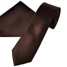 Plain Dark Brown Men's Skinny Tie & Pocket Square Handkerchief Set