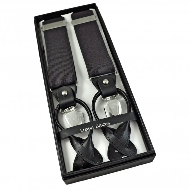 Plain Dark Brown Trouser Braces - Dual 2-in-1 Black Leather Ends & Silver Clips