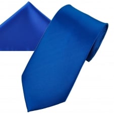 Plain Dark Royal Blue Men's Satin Tie & Pocket Square Handkerchief Set