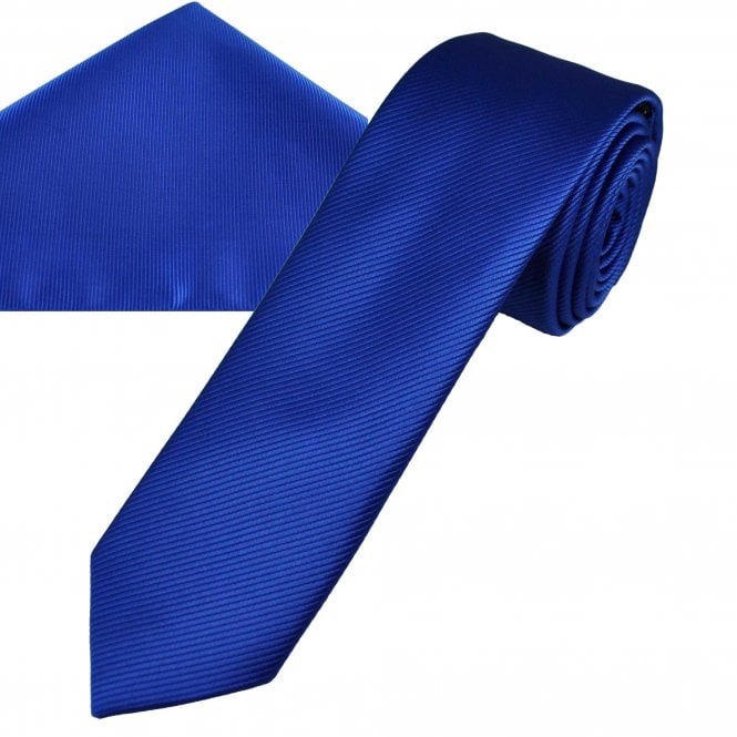 Plain Dark Royal Blue Ribbed Men's Skinny Tie & Pocket Square Handkerchief Set