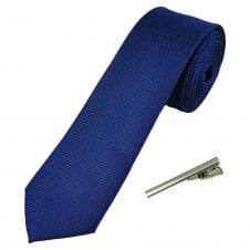 Plain Dark Royal Blue Textured Men's Skinny Tie with Tie Clip