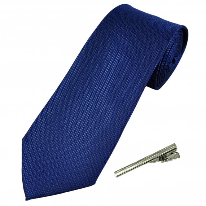 Plain Dark Royal Blue Textured Men's Tie with Tie Clip
